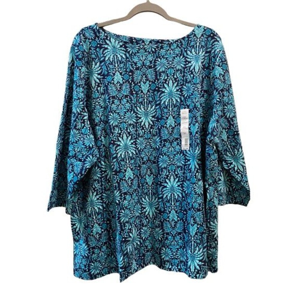 Women's 3X Classic Tee Boatneck 3/4 Sleeve Croft & Barrow Cotton Teal & Navy